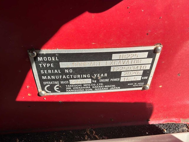 2020 takeuchi tb225 minigraafmachine - afbeelding 3 van  22
