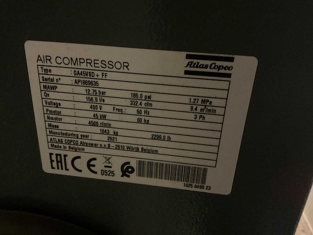 2021 atlas copco ga45vsd+ff schroefcompressor en olieafscheider - afbeelding 7 van  8