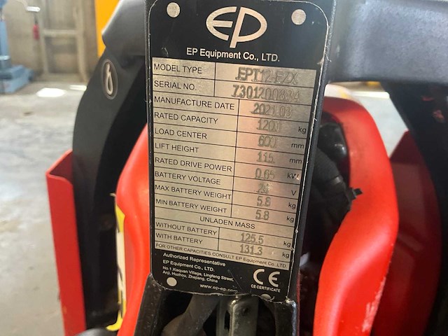 2021 ep equipment ept12-ez elektrische palletwagen - afbeelding 2 van  2