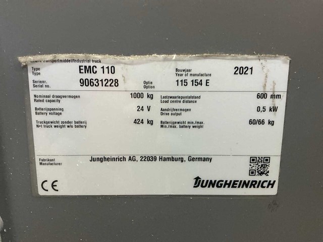 2021 jungheinrich emc 110 stapelaar - afbeelding 7 van  15