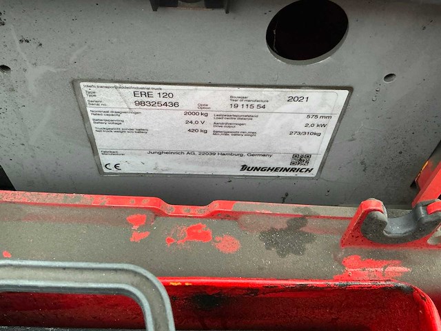 2021 jungheinrich ere120 elektrische palletwagen - afbeelding 2 van  12