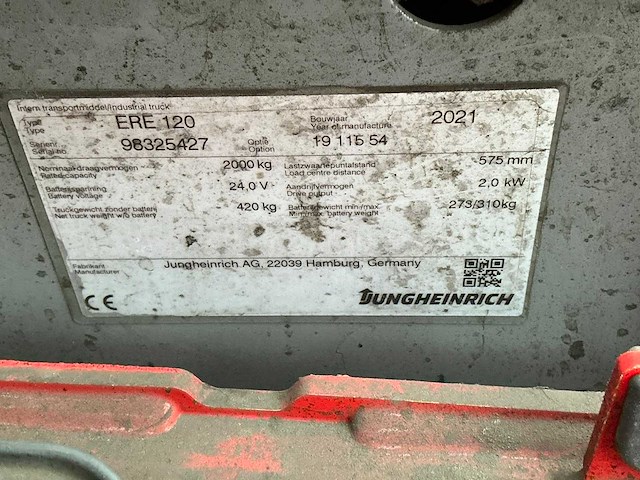 2021 jungheinrich ere120 elektrische palletwagen - afbeelding 11 van  11