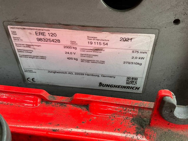 2021 jungheinrich ere120 elektrische palletwagen - afbeelding 2 van  13
