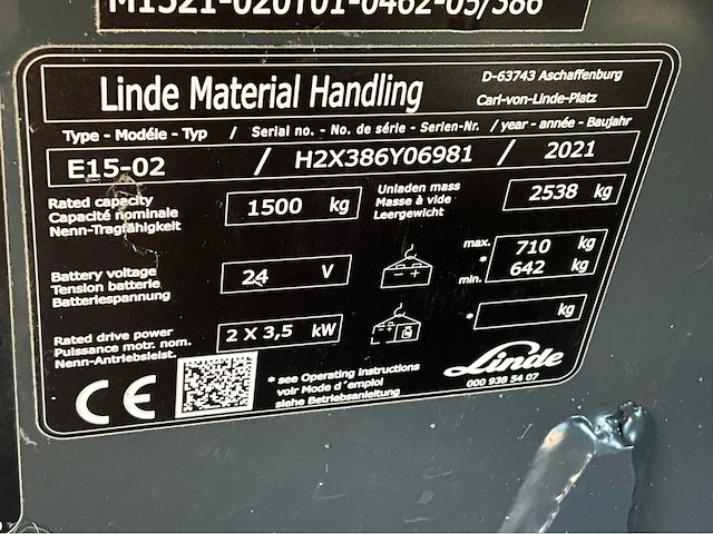2021 linde e15-02 3892uur vorkheftruck - afbeelding 13 van  20