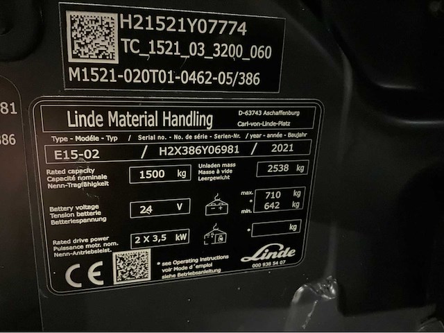 2021 linde e15-02 4311uur vorkheftruck - afbeelding 14 van  21