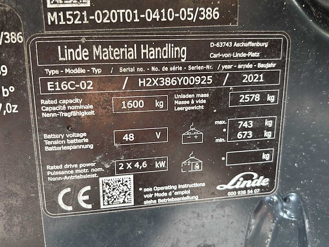 2021 linde e16c-02 vorkheftruck - afbeelding 8 van  9
