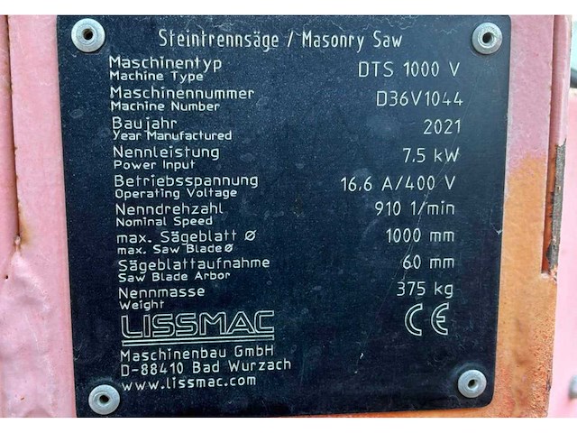 2021 lissmac dts 1000 v steenzaagmachine / bloksteenzaagmachine - afbeelding 9 van  9