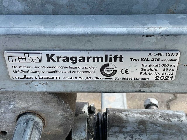 2021 muba kal 275 krachtarmlift / montagelift - afbeelding 8 van  8