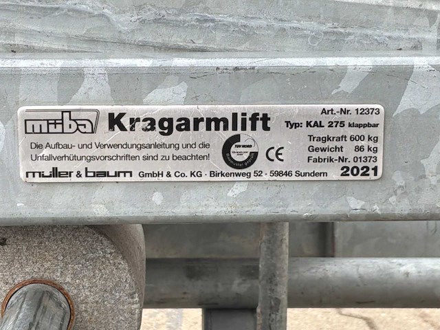 2021 muba kal 275 krachtarmlift / montagelift - afbeelding 2 van  8