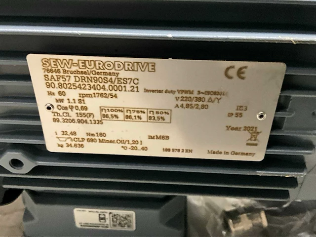 2021 sew-eurodrive saf57 drn90s4/es7c 1,1kw reductiemotor - afbeelding 5 van  5