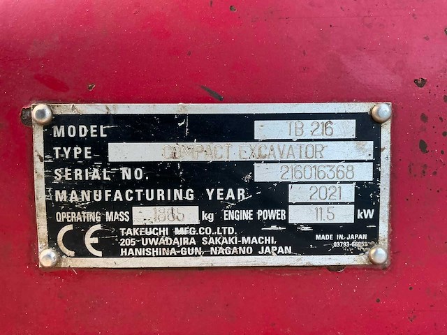 2021 takeuchi tb 216 minigraafmachine - afbeelding 4 van  5