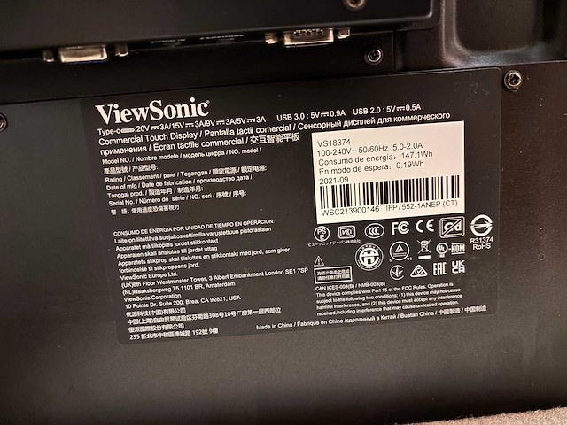 2021 viewsonic vs18374 interactive touchscreen 75" - afbeelding 1 van  2