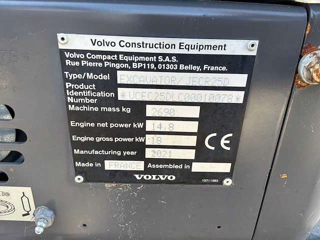 2021 volvo ecr25 compacte elektrische rupsgraafmachine - afbeelding 7 van  27