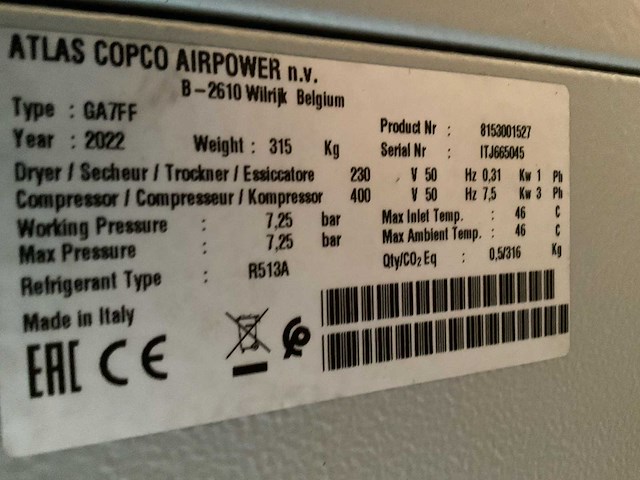 2022 atlas copco airpower ga7ff luchtcompressor - afbeelding 3 van  14