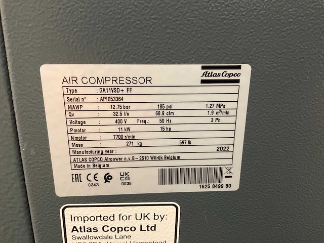 2022 atlas copco ga11v80+ff schroefcompressor - afbeelding 4 van  6