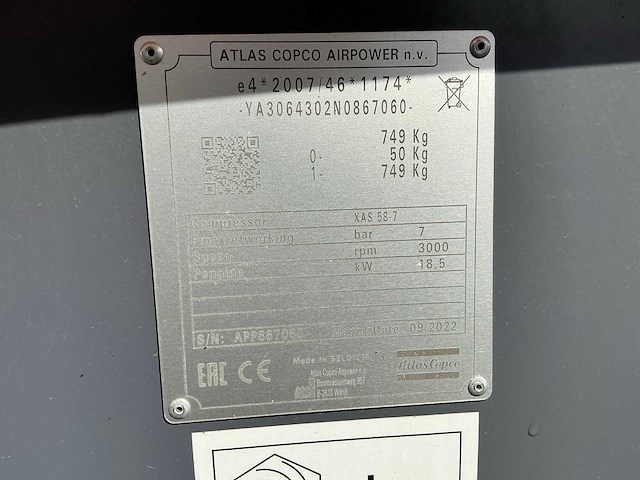 2022 atlas copco xas 58-7 luchtcompressor op aanhanger - afbeelding 9 van  9