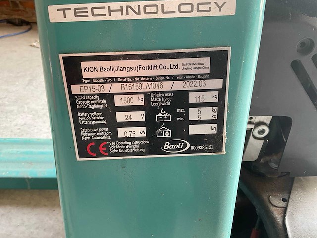 2022 baoli ep15-03 elektrische palletwagen - afbeelding 7 van  7