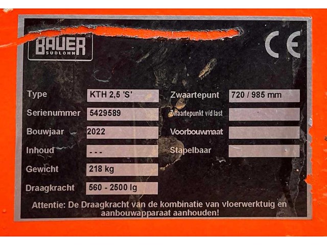 2022 bauer kth 2,5 ‘s’ heftruck hijsjib / hijsarm - afbeelding 2 van  10