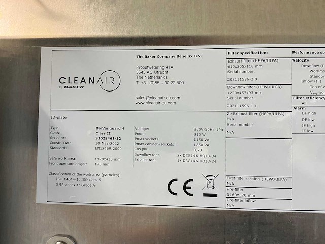 2022 clean air by baker biovanguard 4 laminaire flow kast - afbeelding 2 van  10