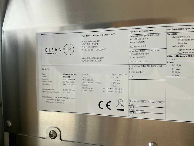 2022 clean air door baker biovanguard 6 laminar flow cabinet - afbeelding 5 van  7