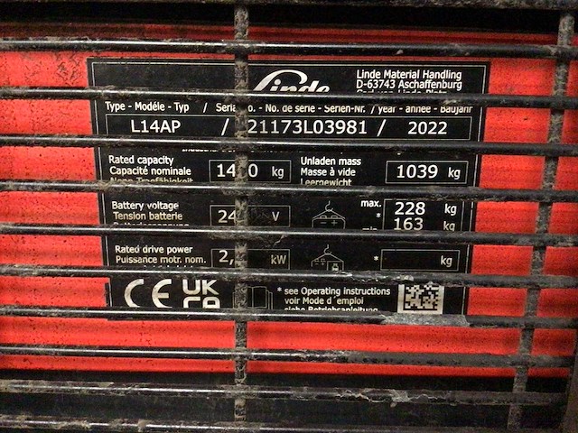 2022 linde l14ap stapelaar - afbeelding 10 van  10
