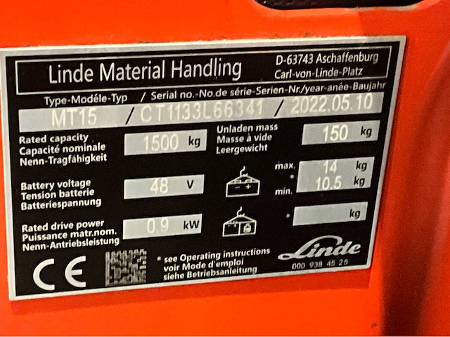 2022 linde mt 15 1500kg interne lader elektrische palletwagen - afbeelding 4 van  12