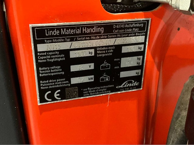 2022 linde mt 15 1500kg interne lader elektrische palletwagen - afbeelding 4 van  7