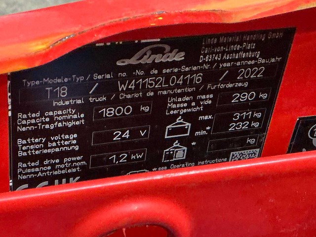 2022 linde t18 elektrische palletwagen - afbeelding 7 van  7