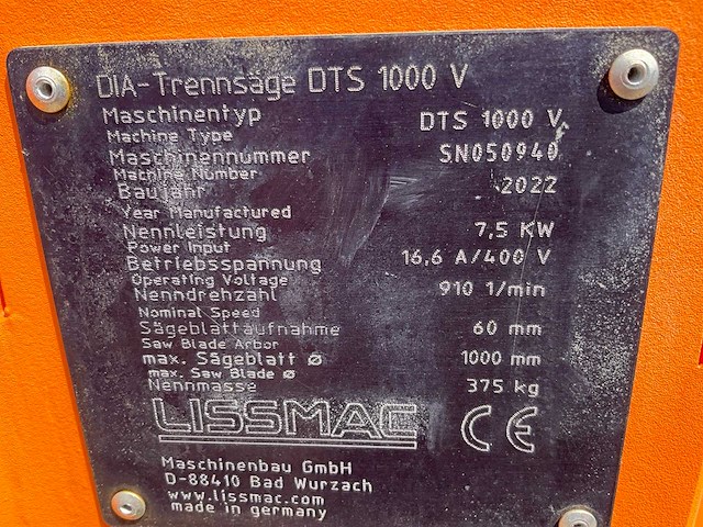 2022 lissmac dts 1000v steenzaagmachine / bloksteenzaagmachine - afbeelding 3 van  11