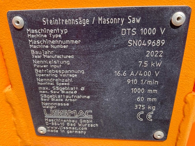 2022 lissmac dts 1000v steenzaagmachine / bloksteenzaagmachine - afbeelding 4 van  12