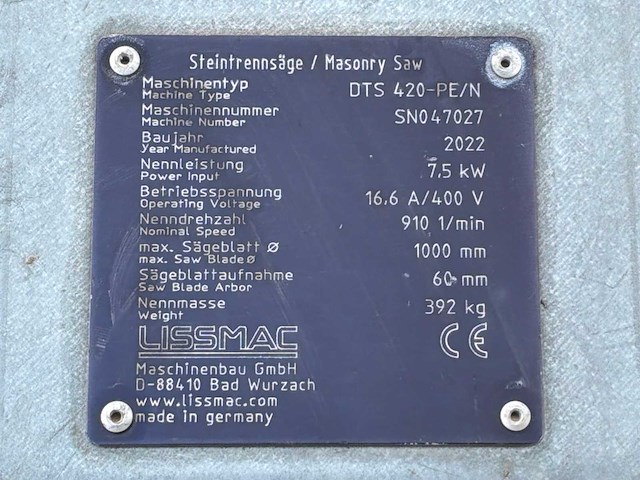 2022 lissmac dts 420-pe/n verticale steenzaagmachine / blokzaagmachine - afbeelding 9 van  9