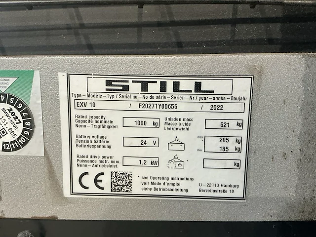 2022 still exv 10 elektrische stapelaar - afbeelding 3 van  12
