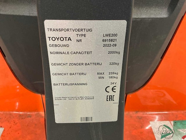 2022 toyota lwe200 elektrische palletwagen - afbeelding 5 van  14