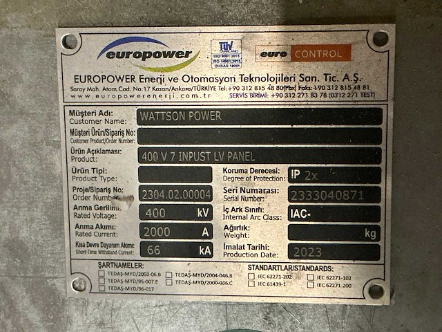 2023 europower 400v 7 inpust lv panel verdeelkast paneel - afbeelding 9 van  9
