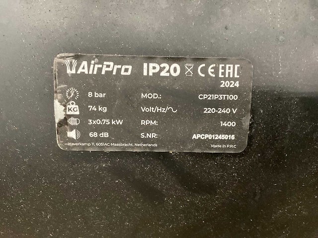 2024 airpro cp21p3t100 olievrije compressor - afbeelding 1 van  8