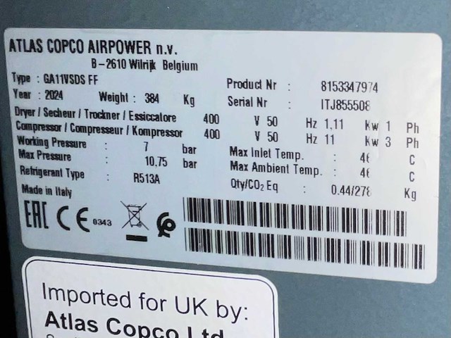 2024 atlas copco ga11vsds ff schroefcompressor met ingebouwde luchtdroger - afbeelding 8 van  16