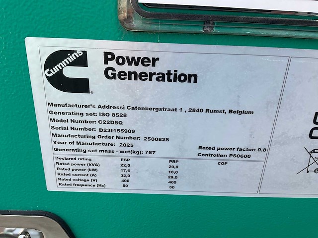 2025 cummins c22d5q noodstroomaggregaat, 22kva - afbeelding 4 van  12