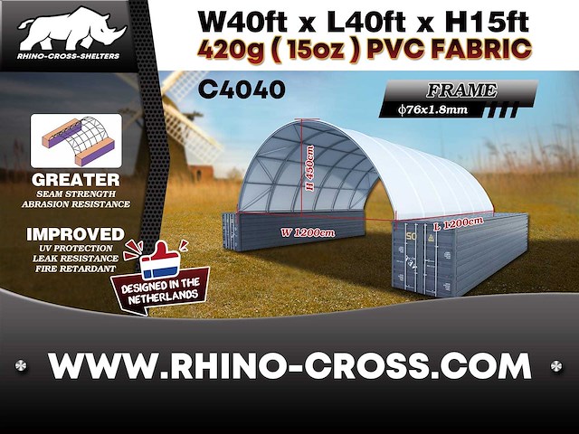 2025 rhino-cross-shelter c4040 - 12x12x4,5 m opslagtent / opslagshelter tussen 2 containers - afbeelding 3 van  9
