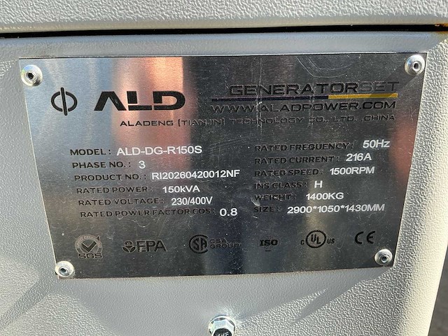 2026 alad ald-dg-r150s dieselgenerator 150 kva / 120 kw nieuw - afbeelding 3 van  3