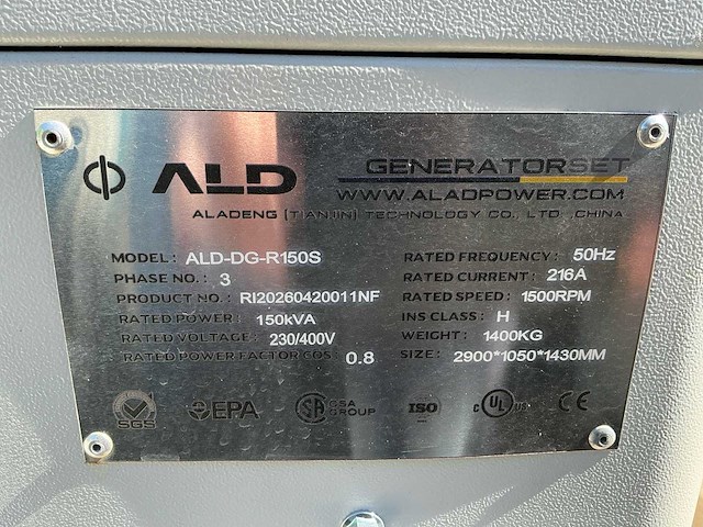 2026 alad ald-dg-r150s geluidgedempte dieselgenerator – 150 kva / 120 kw – 216 a - afbeelding 8 van  16