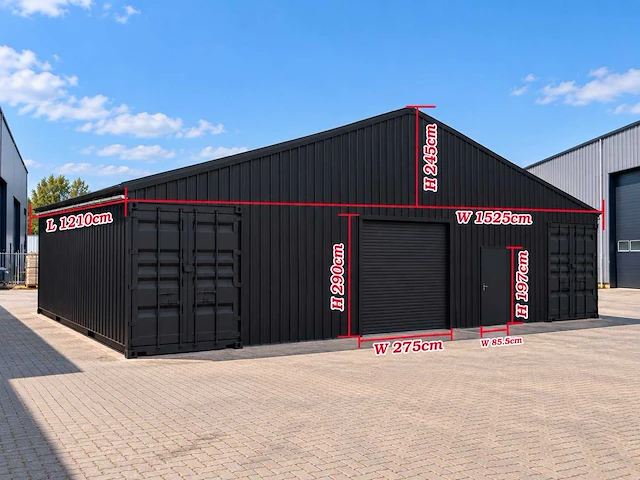 2026 rhino-cross 12,1x15,25x2,45 m staalconstructie / loods met elektrische deur inclusief 2 x 40ft containers nieuw met 2 zijdeuren - afbeelding 2 van  2