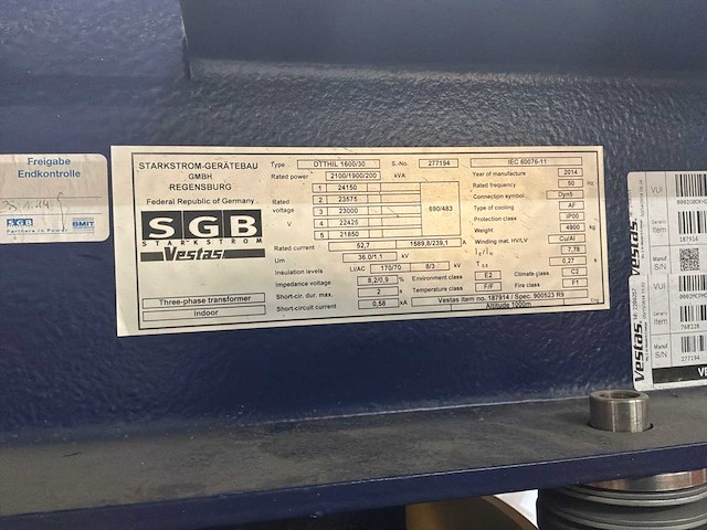 2100 kva sgb transformator 23.000 / 690-483 volt - afbeelding 5 van  13