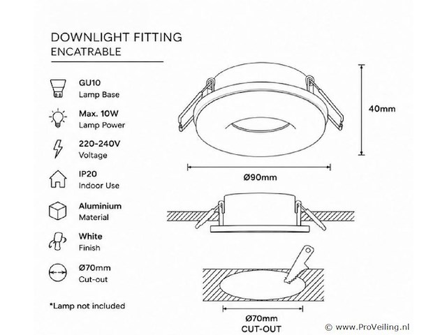 25 x downlight fitting – gu10 – wit – ø70mm – ip20 – kadife - afbeelding 4 van  5