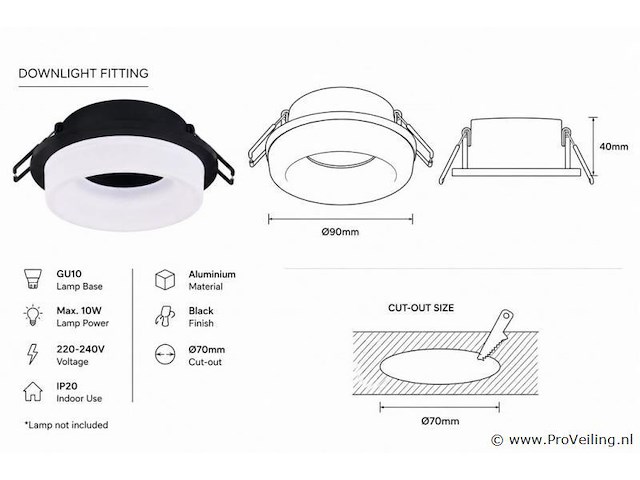 25 x downlight fitting – gu10 – zwart – ø70mm – ip20 – kadife - afbeelding 3 van  5