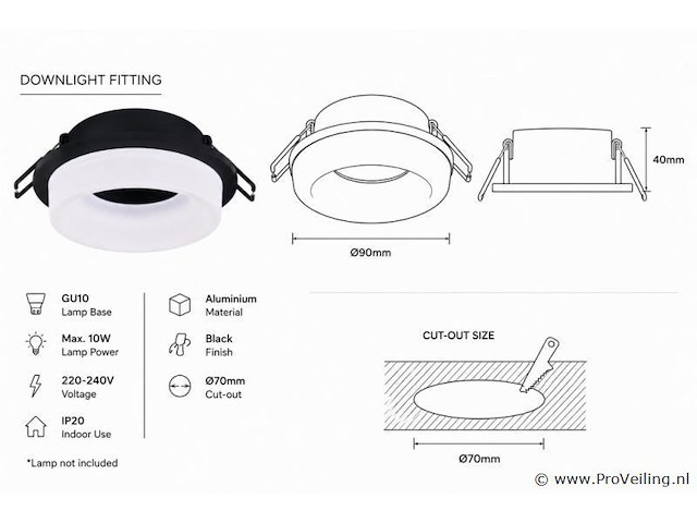 25 x downlight fitting – gu10 – zwart – ø70mm – ip20 – kadife - afbeelding 3 van  5