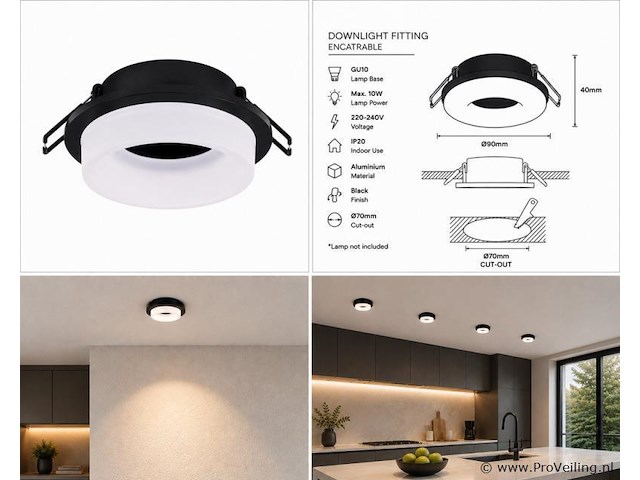 25 x downlight fitting – gu10 – zwart – ø70mm – ip20 – kadife - afbeelding 5 van  5