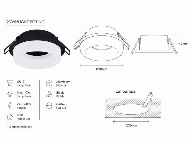 25 x downlight fitting – gu10 – zwart – ø70mm – ip20 – kadife - afbeelding 3 van  5