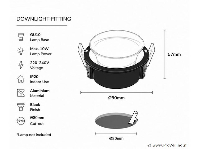 25 x downlight fitting – gu10 – zwart – ø90mm – ip20 – mint-1 - afbeelding 4 van  4