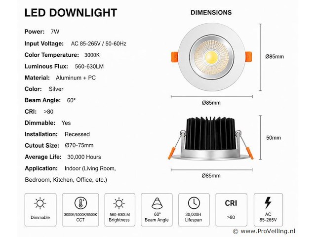25 x led downlight – 7w – draaibaar – dimbaar – 3000k warm – zilver - afbeelding 3 van  4