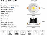 25 x led downlight – 7w – draaibaar – dimbaar – 6500k koud wit – zilver - afbeelding 3 van  4